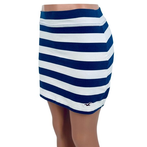 Vintage Y2K Hollister Jersey Stretch Blue & White Striped Bodycon Mini Skirt - Picture 2 of 16